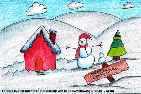 Christmas Snowman Scene Christmas Scenery Drawing, Scenery Drawing Ideas, Winter Season Drawing, Santa Claus Drawing Easy, Christmas Scene Drawing, Nature Drawing For Kids, Easy Christmas Drawings, Xmas Drawing, Christmas Art For Kids