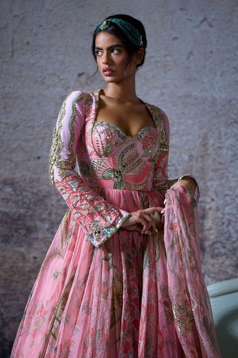 Buy Pink Organza Embroidered Mirror Adira Floral Print Anarkali With Dupatta For Women by Mahima Mahajan Online at Aza Fashions. Occasional Outfits, Floral Print Anarkali, Mahima Mahajan, Indian Lengha, Neckline Pattern, Anarkali With Dupatta, Pink Anarkali, Net Gowns, Chandni Chowk