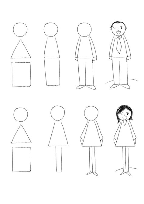 People often tell me that they can't even draw a stick figure.  I'm here to  tell you that anyone can learn to draw simple symbols.  So, this is the  first in my series of Simple Drawing Tips.  If you can draw a circle, a triangle, and a rectangle, you can draw a  person!  Once you get this dow Draw A Person, How To Draw People, Drawing Lessons For Kids, Person Drawing, Stick Figure Drawing, Draw People, Easy Drawings For Kids, Drawings For Kids, Drawing Templates