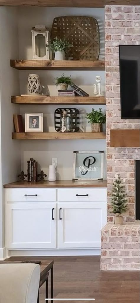 Shelf’s Beside Fireplace, Cabinet Shelf Next To Fireplace, Modern Farmhouse Built In Decor, Accent Built Ins Living Rooms, Decorating Shelves Beside Fireplace, Custom Shelves Around Fireplace, Chimney Shelf Decor, Modern Farmhouse Living Room Built Ins, Built Ins With Brick Fireplace