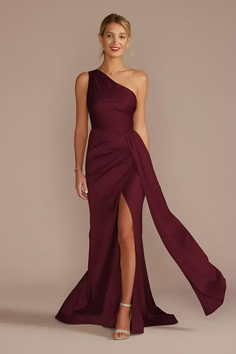 View Galina Signature One-Shoulder Stretch Satin Bridesmaid Dress in all available colors and sizes Unique Dress Styles, 21st Birthday Dress, Motb Dress, Bridal Train, Weddings 2024, Rust Color Dress, Rust Bridesmaid Dress, Orange Bridesmaid Dresses, Stretch Satin Dress