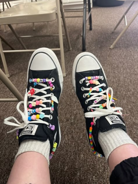 I put beads on my converse How To Decorate Converse Sneakers, Converse Ideas Beads, Converse Laces Ideas Beads, Converse Beads On Laces Words, Beading Converse, Shoes Beads On Laces, Converse Shoes Beads, Decorated Converse Beads, Ways To Decorate Converse