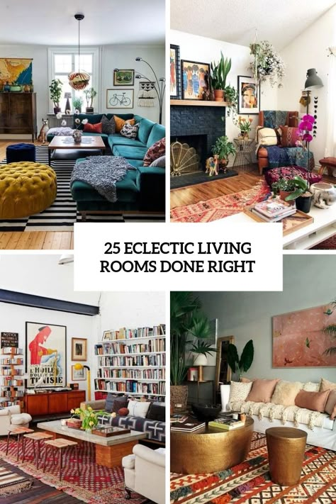 eclectic living rooms done right cover Vintage Modern Eclectic Decor, Grey Sofa Eclectic Living Room, Mixed Textiles Living Room, Eclectic Living Rooms Ideas, Eclectic Boho Decor Living Room, Mismatching Couches Living Room, Colorful Rug In Living Room, Cozy Collected Living Room, Eclectic Family Home