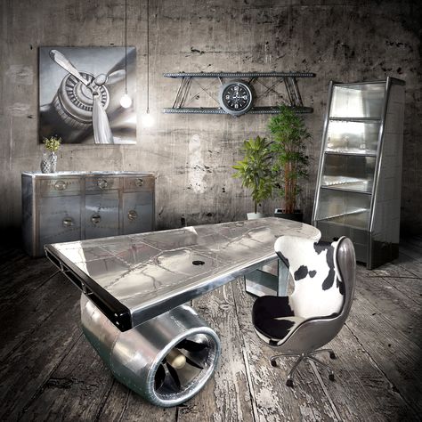 Inspired by early airplanes, especially World War II bombers, our Aviation furniture and décor will take your room to the next level.  (No pun intended.)  These high-quality pieces look great in man caves or lofts with urban, industrial, vintage, and retro themes.  All seating comes with 100% genuine leather and airplane-grade aluminum. Aviation Bedroom Ideas, Aviation Desk, Aircraft Furniture, Aviation Office, Aviation Room, Aviation Furniture, Wood Slab Table, Aviation Decor, Airplane Decor