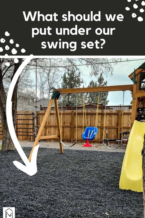 It's so easy to become overwhelmed with the number of options for playground bases! Here's is a breakdown of the best 5 options for the base of your playground to help chose the best one for your family! #playground #kids #base Cheap Diy Outdoor Play Area, Ground Under Swingset, Backyard Play Set Ideas, Patio Playground Ideas, Home Outdoor Playground Ideas, Backyard Playset Landscaping Ideas, Pergola Play Area, Diy Playground Landscaping, Playset Ideas Backyard