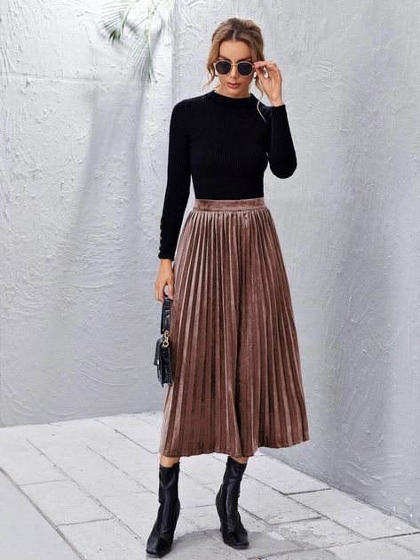 High Waist Velvet Pleated Skirt | SHEIN USA Midi Velvet Skirt Outfit, How To Style A Velvet Skirt, Velvet Skirts For Women, Champagne Pleated Skirt Outfit, Pleated Velvet Skirt Outfit, Velvet Long Skirt Outfit, Pleated Skirt Outfit Wedding, Long Velvet Skirt Outfit, Velvet Skirt Outfit Winter