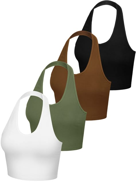 PRICES MAY VARY. Unique Design: this women's crop top has a V shaped neckline, which is a flattering choice and the halterneck design adds an unexpected, yet stylish, twist to the otherwise classic crop tops; It shows your unique personal charm and produces a fitted visual effect; The cami tank tops goes well with any body shape and looks just good on you whenever you decide to wear it What You Will Get: there are 4 packs halter v neck tops with 4 different colors, casual and fashionable, tunic Tie Back Crop Top, V Neck Vest, V Neck Crop Top, Womens Halter Tops, Amazon Clothes, Backless Crop Top, Backless Top, Women Halter, Halter Tops