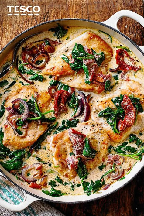 Creamy Spinach Chicken, French Mustard, Spinach Chicken, Tesco Real Food, Chicken And Spinach, Herb Chicken, Midweek Meals, Creamy Spinach, Spinach Stuffed Chicken