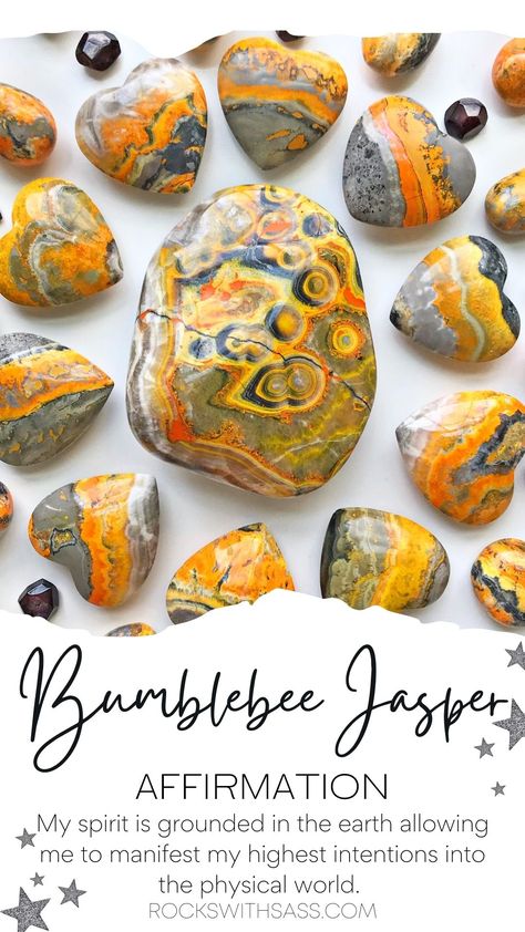 BUMBLEBEE JASPER AFFIRMATION: My Spirit is grounded in the earth allowing me to manifest my highest intentions into the physical world. Bumblebee Jasper is a strong earth energy stone, that embodies within it the strong energy of the volcano from which it was born. The coloration of this Bumblebee stone comes from a combination of minerals and volcanic matter. Combining anhydrite, hematite, sulfur, and arsenic as well as other elements, the bumblebee jasper is actually an agate stone. Aesthetics Accessories, Clear Energy, Gemstones Chart, Strong Energy, Earth Energy, Tarot Tips, Bumblebee Jasper, Bumble Bee Jasper, Crystal Energy