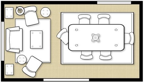 Great idea for a layout of a combo formal living and dinng space! Ours is a little bigger than this so maybe we could add a buffet/china cabinet or a bookshelf, but this is a good place to start! Dining And Sitting Room Combo, Dining Room Layout, Sofa Layout, Living Room Dining Room Combo, Dining Room Remodel, Living Room Layout, Dining Room Combo, 아파트 인테리어, Formal Living Room