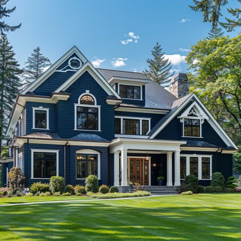 Country Suburban House, American Family House, Suburban House Exterior, Navy House Exterior, Navy Blue House, Colonial House Exterior, Navy Blue Houses, American House Design, Pictures Of Houses