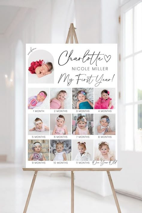 Printable Baby's First Year Milestone Sign | 1st Birthday Photo Collage Poster | Modern Baby's 1st Birthday Milestone Board Template First Birthday 12 Month Photo Display, 1st Birthday Poster Ideas, 1st Birthday Photo Collage, Bloom Party, First Birthday Decorations Boy, Wildflower Birthday Party, Baby Photo Collages, Photo Collage Poster, Butterfly Birthday Party Decorations