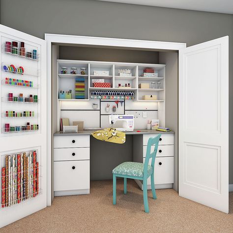 Craft Closet With Fold Down Table, Walk In Closet Craft Room Ideas, Sewing Room In A Closet, Hidden Craft Room, Craft Closet With Desk, Closet To Craft Space, Hidden Sewing Station, Sewing Areas For Small Spaces, Craft Closet Ideas