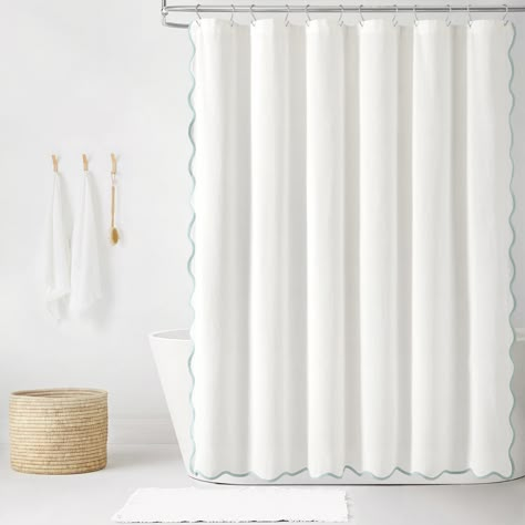 PRICES MAY VARY. 52% Polyester, 37% Cotton, 8% Viscose, 3% Nylon Exclusive of Decoration Chic Decor: Bring a blend of seaside charm and style to your space with this Coastal Chic Scallop Edge Shower Curtain. The scalloped edge design is reminiscent of rolling waves along the shoreline, infusing your bathroom with a tranquil coastal ambiance. Coastal Charm: This shower curtain features a solid white color with a light blue binding on the scallop edge. Create a serene, resort-like feel with this e Coastal Shower Curtain, Elegant Shower Curtains, Solid Color Shower Curtain, Neutral Curtains, Bathroom Ambiance, Shower Curtain Sizes, Gray Trim, Coastal Bathrooms, Lush Decor