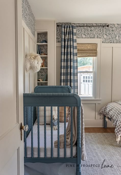 Cottage Nursery Reveal  - Pine and Prospect Home Antique Blue Nursery, Cornflower Blue Nursery, English Country Nursery, English Cottage Style Bedroom, Twin Boys Nursery, Gender Neutral Nursery Colors, English Cottage Bedroom, Timeless Nursery, Light Blue Nursery