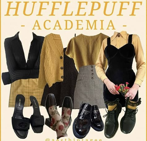 Hufflepuff Academia Outfit, Hufflepuff Academia, Hufflepuff Aesthetic Outfits, Hufflepuff Inspired Outfits, Hufflepuff Outfit, Lords And Ladies, Academia Aesthetic Outfit, Hufflepuff Aesthetic, Hogwarts Outfits