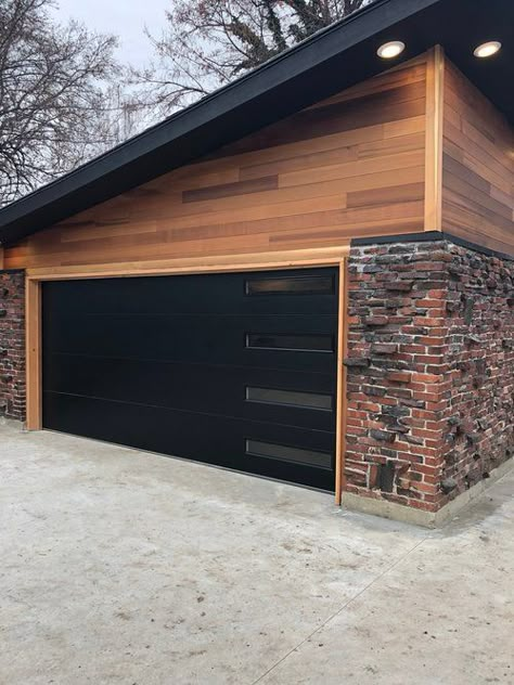 Industrial Exterior Design, Black Garage Door, Industrial Exterior, Black Garage, Modern Garage Doors, Best Garage Doors, Garage Door Design, Modern Garage, Wood Siding