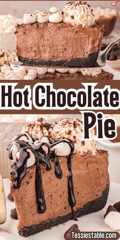 This rich and creamy hot chocolate pie doesn’t need the oven! Topped with marshmallows and whipped cream, it’s an indulgent treat for chocolate lovers. Perfect for any occasion! #HotChocolatePie #NoBakeDesserts #EasyDesserts Christmas Pie Chocolate, Cheap Chocolate Desserts, Creamy Chocolate Pie, Chocolate Pie No Bake, Easy Christmas Pies, Quick Chocolate Desserts, Hot Chocolate Pie, Chocolate Fall Desserts, No Bake Chocolate Pie