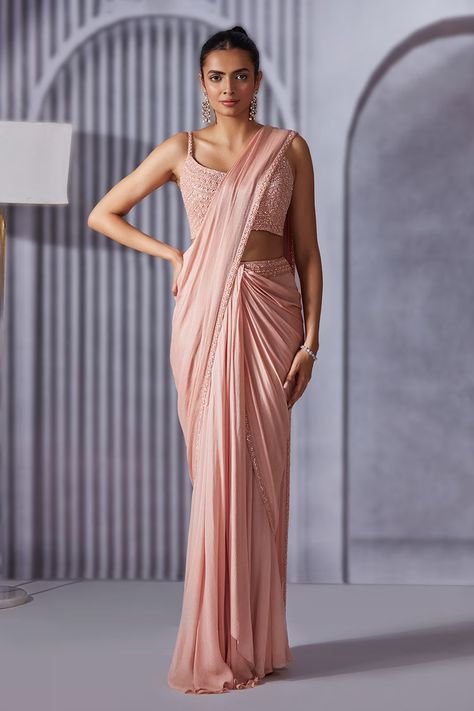 Shop for these amazing collections of Pink Saree: Crepe Chiffon Embroidered Border Pre-draped With Blouse For Women by Pritika Vora online at Aza Fashions. Saree Blouse Sleeveless, Side Zip Blouse, Cocktail Sarees, Plain Georgette Saree, Farewell Sarees, Sleeveless Blouse Designs, Onion Pink, Draped Saree, Simple Saree Designs