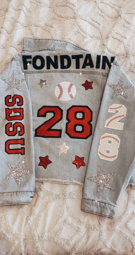 Custom Sports Jean Jackets, Baseball Custom Shirts, Baseball Game Outfit High School, Football Girlfriend Jean Jacket Ideas, Boyfriend Football Jean Jacket, Sports Team Jean Jacket Diy, Custom Baseball Shirts Girlfriend, Football Girlfriend Denim Jacket, High School Baseball Game Outfit