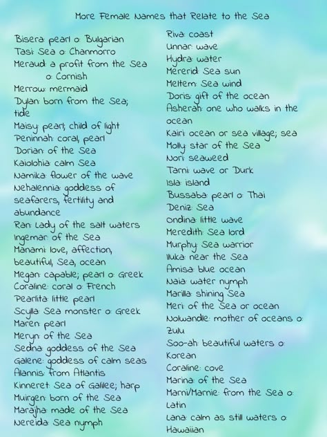 Names For Merman, Ocean Names Aesthetic, Mermaid Names Aesthetic, Names Meaning Sea Or Ocean, Ocean Last Names, Ocean Username Ideas, Fantasy Ocean Names, Names That Mean Sea, Ocean Themed Names