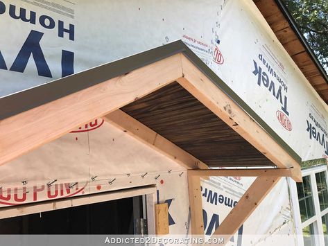 how to build a portico - 33 - attach edge drip flashing to the gable ends Small Porch Overhang, Diy Portico, Garage Portico, Gable Roof Porch, Door Portico, Craftsman Cabin, Awning Over Door, Porch Overhang, Gable Roof Design