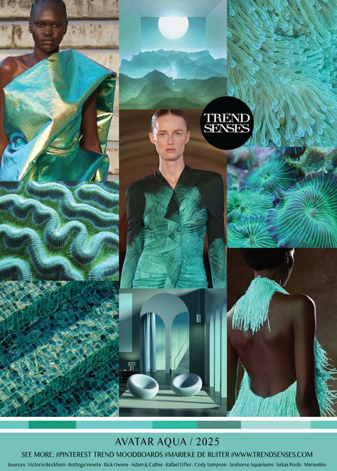 AVATAR AQUA // 2025 – Trendsenses - #2025 - #trend - #forecasting Sources: Victoria Beckham – Bottega Veneta – Rick Owens – Adam & Cathie – Rafael Eifler – #CodySampson – Seahorse Aquariums – Sekas Pools – MarineBio Fashion Trending Moodboard, Fashion Trend Board, Fashion Trend Forecast, Color Forecasting, Fashion Forecasting, 2017 Fashion Trends, Future Trends, Mood Board Fashion, Print Trends