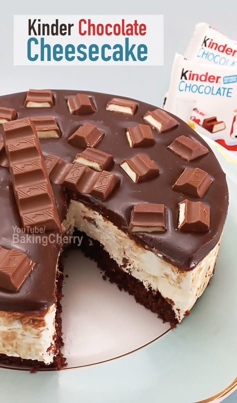 Kinder chocolate cheesecake recipe. A soft and fluffy chocolate cake with creamy cheesecake mousse full of Kinder chocolate chunks. To top it off, a rich and velvety layer of chocolate ganache will leave you wanting more! Chocolate Cake And Cheesecake, Cheesecake And Chocolate Cake, Cheesecake Toppings Chocolate, Kinder Cheesecake Recipe, Kinder Bueno Cheesecake Recipe, Chocolate Cake With Cheesecake, Choco Cheesecake, Cheesecake Recipes Chocolate, Chocolate Cheesecake No Bake