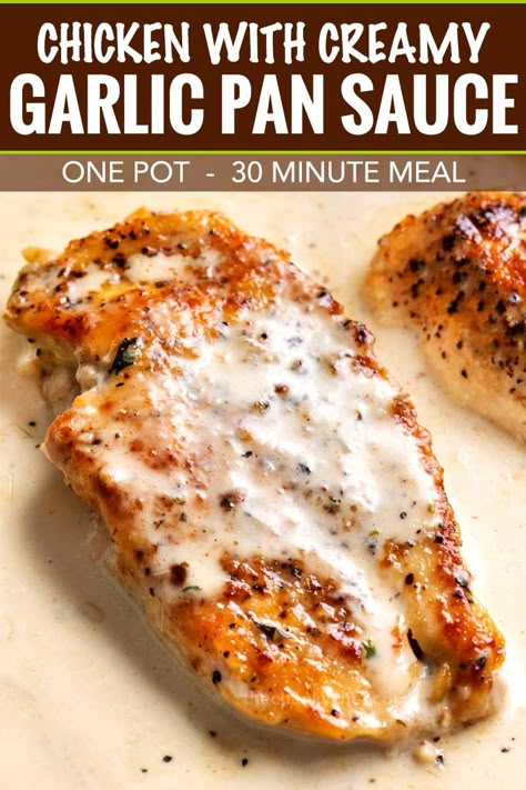 Tender chicken breasts smothered in a rich garlic cream sauce, all made in the same pan, and ready in less than 30 minutes! #easyrecipe #weeknightdinner #dinnerrecipe #chicken #garlic #creamy #onepan #onepot #skilletmeal Pan Chicken Recipes, Chicken Garlic, Creamy Garlic Chicken, Garlic Cream Sauce, Creamy Garlic Sauce, Pan Sauce, Cook Healthy, Tender Chicken Breast, Cook Chicken Breast