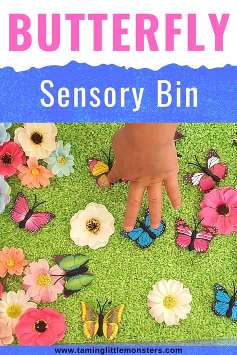 Butterfly Sensory Activity for Kids. A fun spring themed sensory bin for toddlers and preschoolers. #spring #sensory #toddler #preschool Spring Themed Crafts For Toddlers, Spring Sensory Bin For Toddlers, Insect Sensory Activities, Butterfly Themed Activities For Preschool, Butterfly Science Activities Preschool, Bug Themed Activities For Toddlers, Butterfly Toddler Activity, Butterfly Sensory Play, Spring Ideas For Toddlers