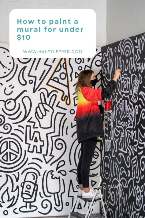 Mural Background Ideas, Sharpie Wall Design, Wall Paint Designs Graffiti, Gym Mural Wall Art Graffiti, Diy Abstract Wall Mural Ideas, Brick Wall Mural Painted, Cricut Wall Mural, Doodle Mural Wall Drawing, Easy Wall Murals Painted Diy Fun