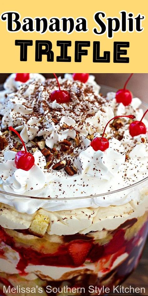 Banana Split Trifle, Banana Split Dessert Recipes, Trifle Bowl Recipes, Trifle Dessert Recipes, Banana Split Cake, Bbq Desserts, Banana Split Dessert, Trifle Dish, Trifle Pudding