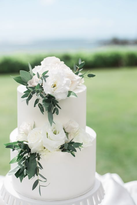 Wedding Cake White Roses And Greenery, White Greenery Wedding Cake, 2 Tiered Wedding Cake With Flowers, Wedding Cake With White Flowers And Greenery, 2 Tier Wedding Cake Eucalyptus, White Cake With Eucalyptus Leaves, Wedding Cake Peony, Small Wedding Cakes Simple Classy, 2 Tier Wedding Cakes Simple Elegant