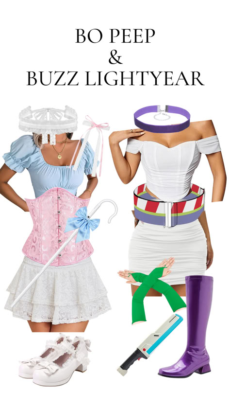 A Bo Peep and Buzz Lightyear-inspired duo costume featuring a lace skirt, pink corset, bonnet, shepherd's crook, white heels for Bo Peep, and an off-shoulder white dress, purple boots, and laser blaster for Buzz Lightyear. Perfect Halloween costume for best friends. Little Bo Peep Costume Couple, Woody And Bo Peep Halloween, Little Bo Peep Toy Story, Bo Peep Diy Costume, Bo Peep Costume Diy Woman, Little Bo Peep Costume Diy, Bo Peep Costume Diy, Diy Bo Peep Costume Women, Toy Story Characters Costumes