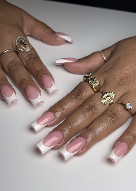 Pointed French Tip Nails White, Solid Color French Tip Nails, Medium French Tip Nails With Design, French Tip Nails White With Design, Mid Length French Tip Nails, White Long French Tip Nails, French Tip Acrylic Nails Color, Medium Square Acrylic Nails French Tips, French Tip Acrylic Nails Bling