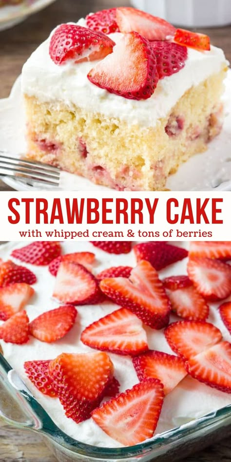 This homemade strawberry cake is a moist and tender vanilla cake filled with strawberry pieces and topped with whipped cream and more berries. It's simple, elegant and perfect for anyone who loves strawberries n' cream #strawberrycake #strawberriesandcream #berries #summer from Just So Tasty https://www.justsotasty.com/homemade-strawberry-cake/ Strawberry Flavored Cake Recipe, Strawberry Cake With Cake Mix And Jello, Strawberry Love Cake, Easy Homemade Strawberry Shortcake, Quick Strawberry Shortcake, Simple Strawberry Cake Recipe, Homemade Strawberry Desserts, Cake Ideas With Strawberries, Homemade Vanilla Cake From Scratch