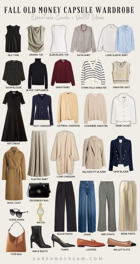 Old Money Fall Capsule Wardrobe + 15 Outfit Ideas Fall Fashion University, One Suitcase Capsule Wardrobe, Old Money Outfit Women Autumn, Old Money Brands For Women, Oldmoney Women Outfit, Old Money Capsule Wardrobe Women, Old Money Outfits Aesthetic Women Casual, Plus Size Old Money Aesthetic, Old Money Outfits Autumn Women