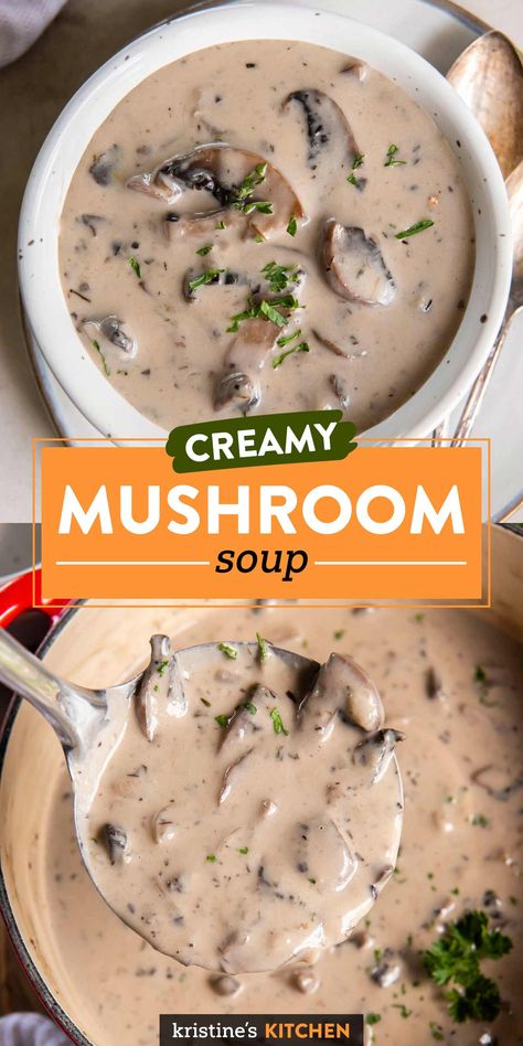 Made with simple, wholesome ingredients, this Cream of Mushroom Soup is so much better than the canned version. It's ultra creamy and full of rich mushroom flavor. Serve it with a salad and some crusty bread for dunking, or use it in your favorite recipes that call for cream of mushroom soup. Slow Cooker Mushroom Soup, Cream Of Mushroom Recipes, Cream Of Mushroom Soup Recipes, Mushroom Bisque, Wild Mushroom Soup, Mushroom Soup Recipe, Well Plated, Creamy Mushroom Soup, Cozy Soup