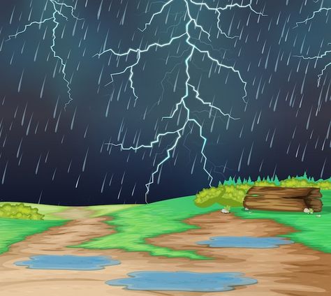 Free vector raining in nature landscape | Free Vector #Freepik #freevector #storm #thunderstorm #thunder-storm #rain-cloud Rain Cartoon, Free Cartoon Characters, Cartoon Maker, Farm Cartoon, Forest Cartoon, Artsy Background, Photoshop Backgrounds Backdrops, House Cartoon, Night Sky Painting