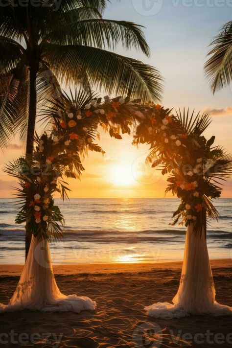 Tropical beach wedding setting at sunset background with empty space for text Sunset Beach Wedding Ceremony, Sunset Beach Wedding Ideas, Beach Weding, Beach Wedding Background, Minimalist Beach Wedding, Fall Beach Wedding, Beachy Wedding Dress, Sunset Beach Wedding, Cute Couples Costumes