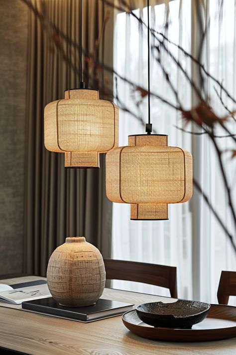 Japanese Chandelier Light Fixtures, Japandi Hanging Lamp, Elegant Japandi, Japandi Lighting, Japanese Lighting, Minimalist Spaces, Japanese Minimalism, Natural Decor, Living Room Loft