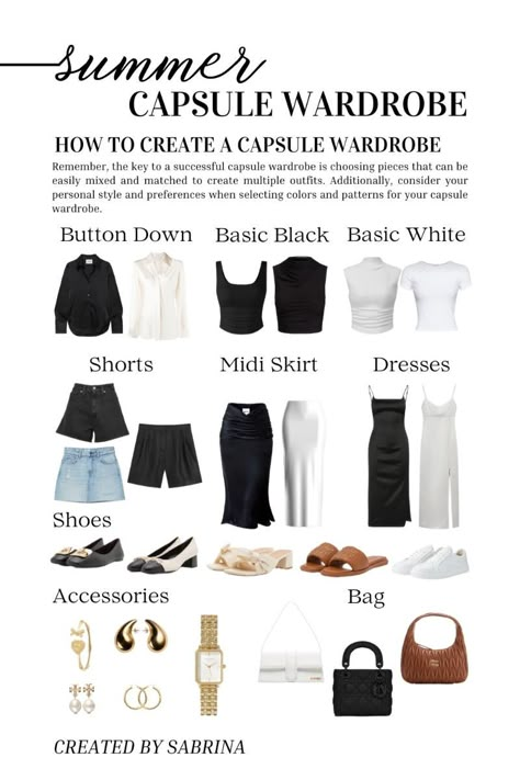 SUMMER CAPSULE WARDROBE | How To Create A Capsule Wardrobe and Outfits Basic Pieces For Wardrobe Summer, Prept Capsule Wardrobe, Summer Shoes Capsule, Basic Outfits Wardrobe, Time Capsule Wardrobe Summer, Summer Time Capsule Wardrobe, Capsule Wardrobe Pants, Basic Essential Wardrobe, Multiple Outfits Few Pieces