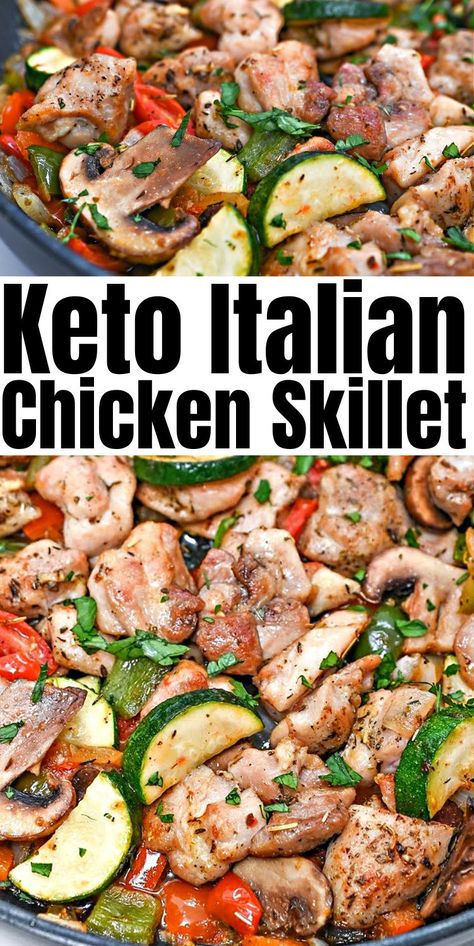 Keto Italian Chicken Skillet #ketoitalianchickenkskillet #italianchickenskillet Keto Ckn Recipes, One Skillet Keto Meals, Keto Italian Dinner Recipes, Keto Italian Chicken Recipes, Keto Dinner Recipes Italian, Quick Gf Dinner, Sausage Chicken Recipes, Clean Eating Italian Recipes, Virta Friendly Recipes