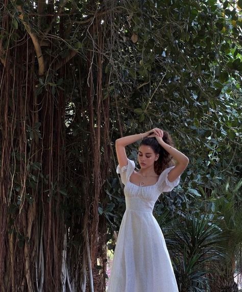 White Summer Dress Photoshoot, Cottage Dress White, Milk Maid Dress Aesthetic, Summer Dress Photos, Country Side Aesthetic Outfits, Milkmade Dress Outfit, Aesthetic Dress Pictures, Sundress Photoshoot Picture Ideas, Spring Dress Photoshoot