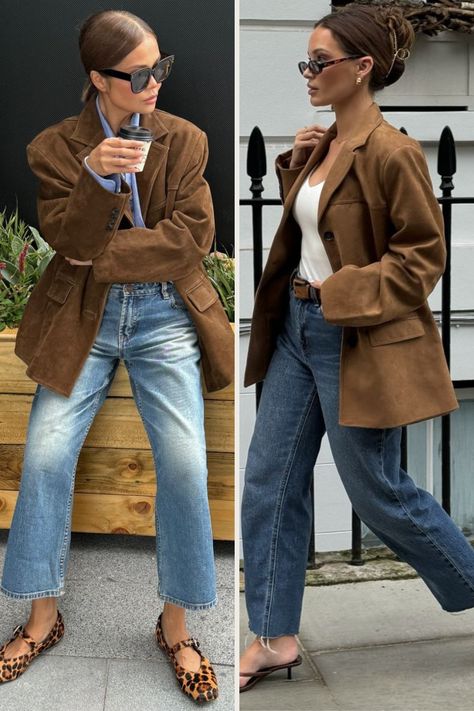 Suede Jacket Outfit Brown Jacket Street Style, Suede Jacket Fall Outfit, Beige Wool Jacket Outfit, Brown Swade Jacket Outfit, Suede Shirt Jacket Outfit, New Fall Fashion Trends 2024, Fall Suede Outfit, Brown Suede Jacket Outfit Woman, Brown Suede Blazer Outfit