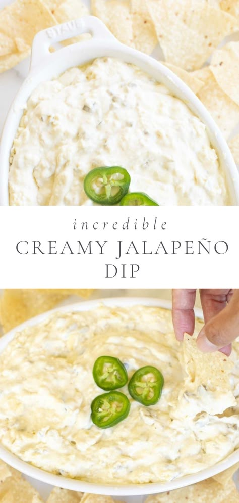 This Creamy Jalapeño Dip is a quick and easy dip recipe you can make in minutes! It’s a stand out crowd pleasing dip that’s perfect for parties, tailgates and more. It’s made with cream cheese, mayonnaise, jalapeños and monterey jack cheese for the creamiest, spiciest dip ever! Dip Recipes Jalapeno, Jalapeno Cheese Dip Cold, Baked Jalapeno Dip, Jalepeno Dip Crock Pot, Dips With Jalapenos, Small Jalapeno Recipes, Spicy Jalapeno Dip, Pickled Jalapeno Dip, Jalapeno Dip Recipe