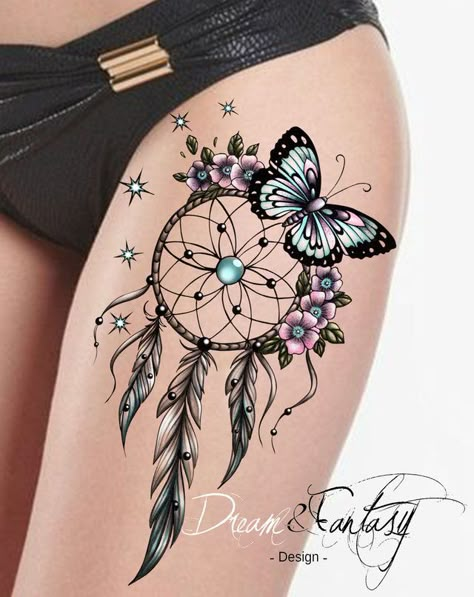 | Design Tattoo Dreamcatcher Tattoo Thigh, Dream Catcher Tattoos, Dream Catcher Tattoo Design, Rose Tattoos For Women, Mom Tattoo Designs, Butterfly Tattoos For Women, Tattoos For Women Flowers, Dream Catcher Tattoo, Dope Tattoos For Women