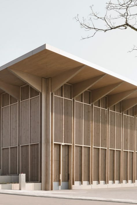 Wood And Concrete Facade, Architecture Wood Facade, Steel And Wood Architecture, Pitch Roof, Bris Soleil Architecture, Timber Construction Architecture, Wooden Construction Architecture, Wood Facade Detail, Wooden Roof