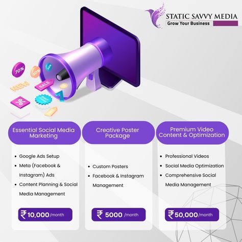 🚀 Elevate Your Online Presence with Our Affordable Social Media Marketing Packages! 🚀 At Static Savvy Media, we offer tailored solutions to boost your digital presence and drive success. Check out our exclusive pricing plans designed to fit your needs and budget: Plan 1: Essential Social Media Marketing 💰 Price: ₹10,000 per month Services Included: 👉Google Ads Setup: Initial setup, keyword research, ad creation, and performance monitoring. 👉Meta (Facebook & Instagram) Ads: Campaign setup,... Social Media Marketing Price Packages, Digital Marketing Packages, Social Media Services Post, Social Media Marketing Services Packages, Social Media Services To Offer, Social Media Marketing Pricing, Digital Marketing Services Post, Performance Marketing, Instagram Management