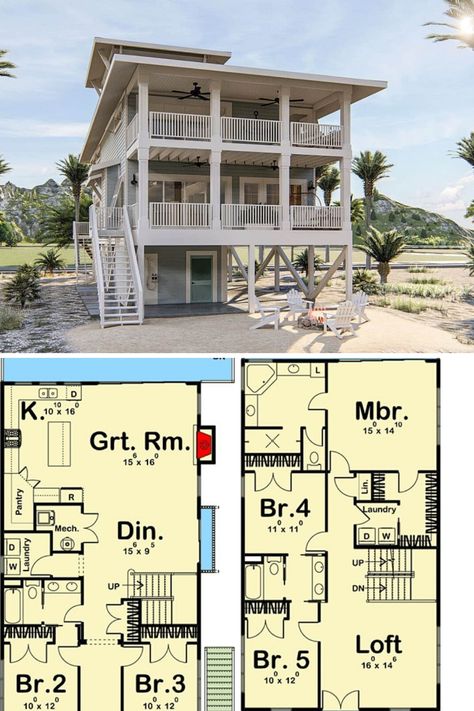 A focused look at this three-story coastal home exterior and outdoor fire pit area, surrounded by white Adirondack chairs. Find it in this 3 story beach house plan with 5 bedrooms and 3 bathrooms. See more of the interior design of this low country vacation beach house. View the full floor plan and get the blueprint at: https://www.architecturaldesigns.com/house-plans/beach-house-plan-with-third-floor-lookout-62802dj?cjevent=ec7f32e283d311ea81a800fb0a180514  #blueprint #floorplan #3story 3 Story Beach House Plans, Small Beach House Plans, House Plans On Stilts, Industrial House Plans, Stilt House Plans, Beach Style House Plans, Beach House Flooring, Beach House Floor Plans, Vacation House Plans